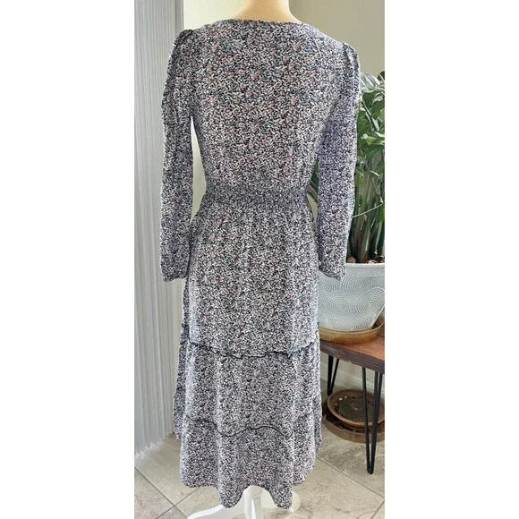 Indigo Rose Floral Midi Dress Long Sleeve Tie Front Layered Elastic Waist Sz S - Picture 2 of 16